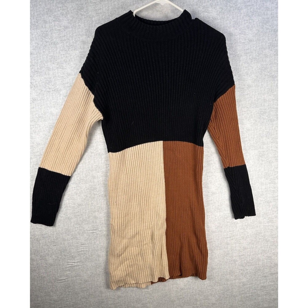 Andree By Unit Color Block Ribbed Sweater Dress Black Brown Beige Womenโs Small